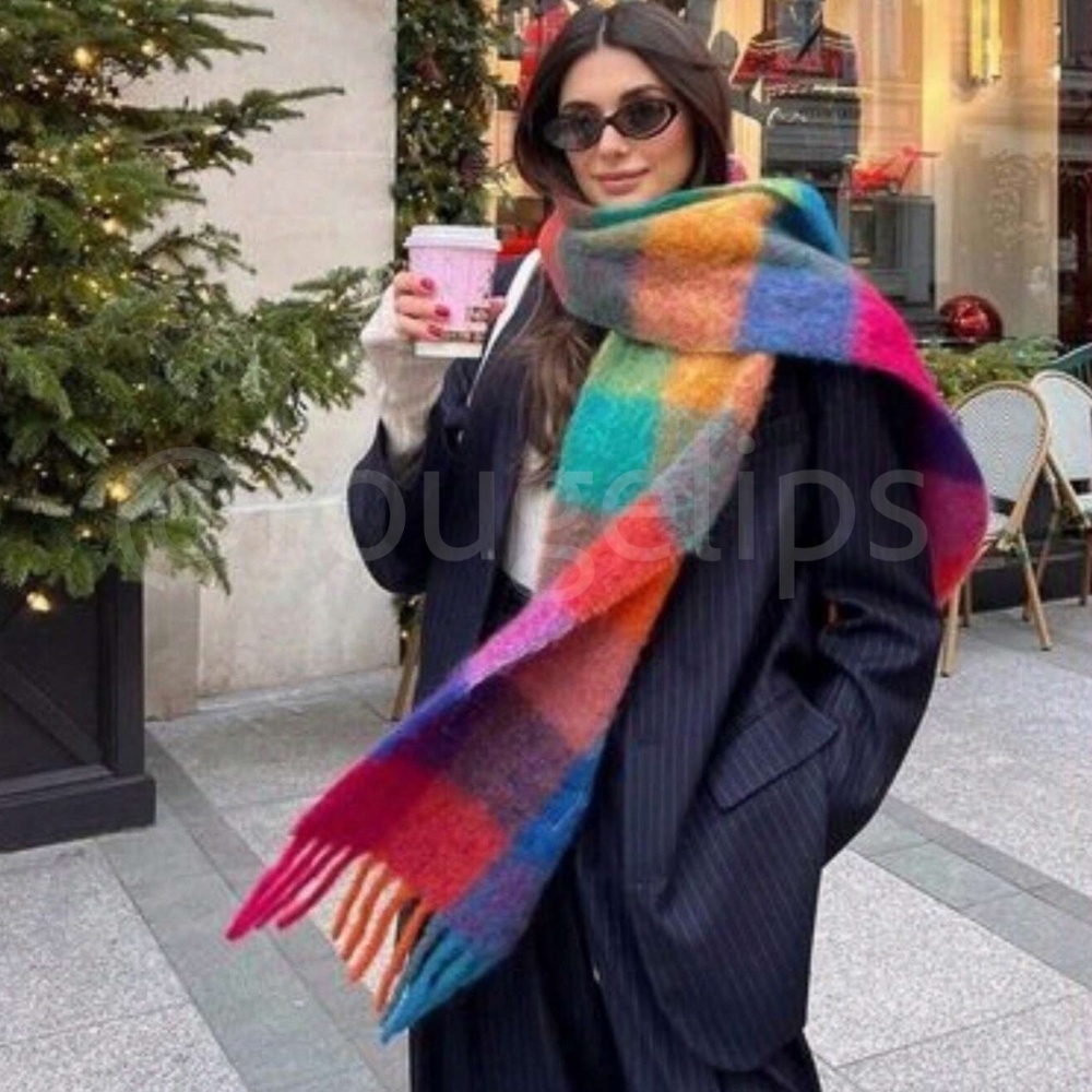 Plaid Multicolor Wide Shawl Scarf With Tassels Fuzzy Knit